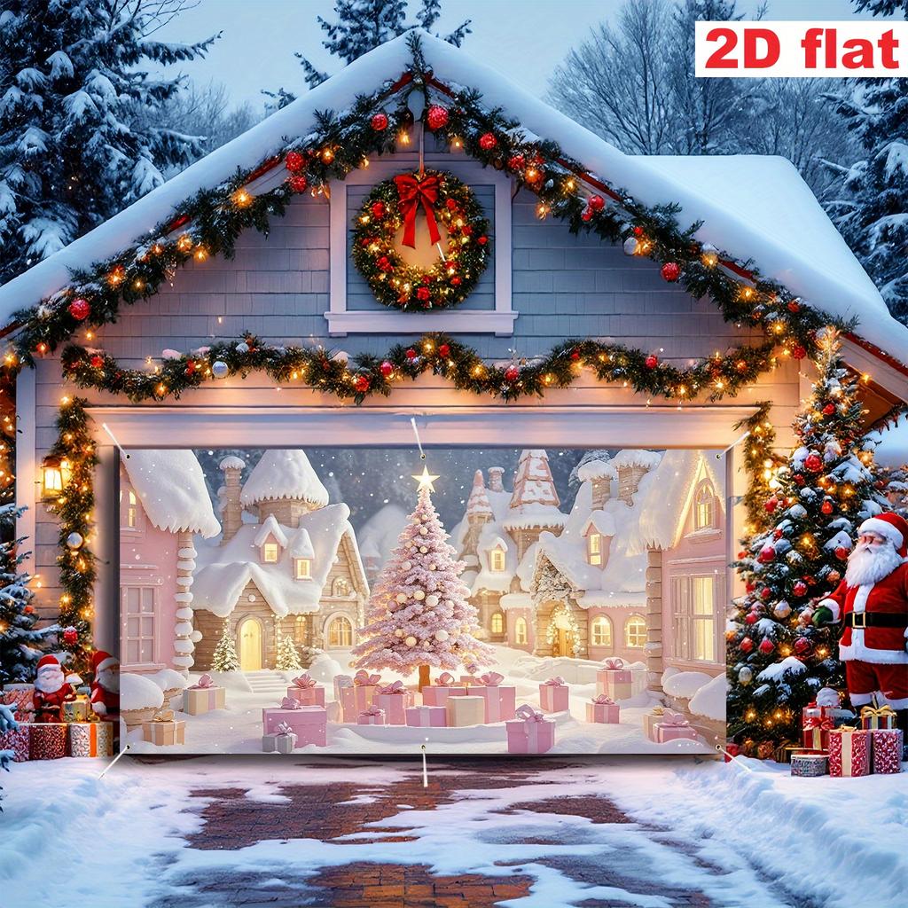 Extrem großes Weihnachtsfeier-Banner mit Winterdorfszene, dekoriert für Weihnachten, Neujahr, Geburtstag, Garage