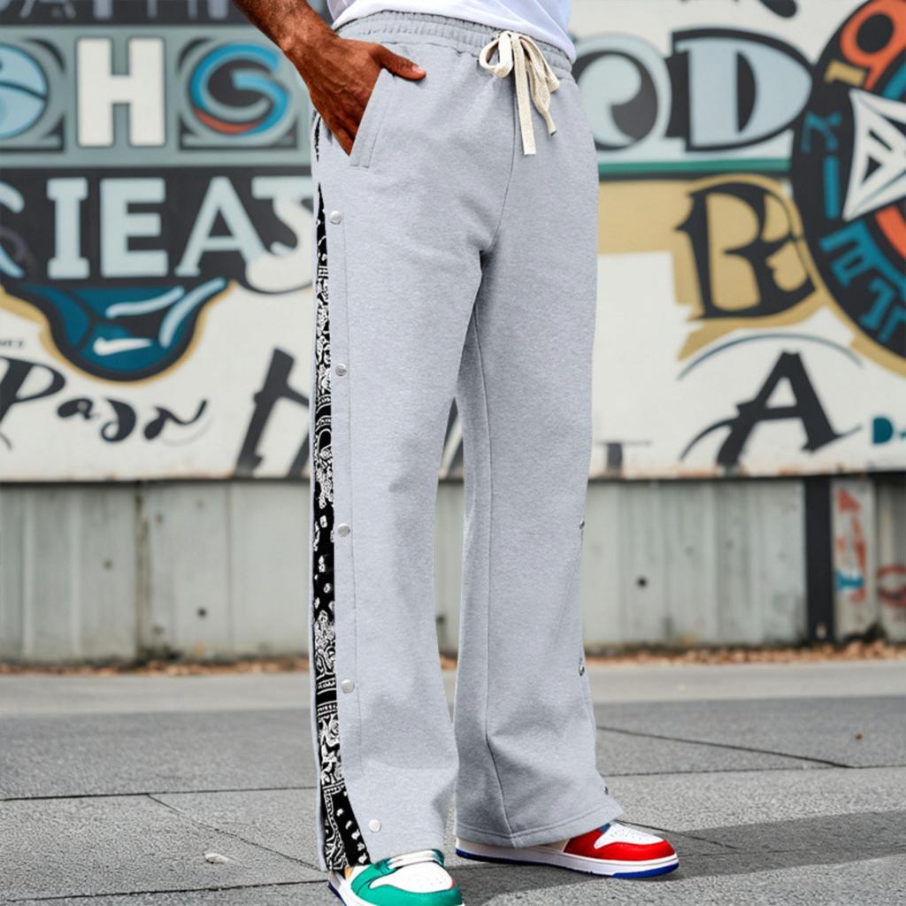Men's High Street Trendy Pants Casual Color Wide Leg Trousers Basic Straight Outfits With Side Button