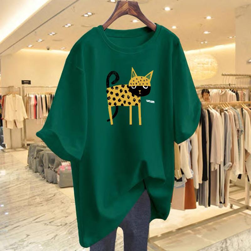 2025 Animal Series Leopard Printed Cotton Crew Neck Loose Women's T-Shirt Short Sleeve Top Bottom Shirt