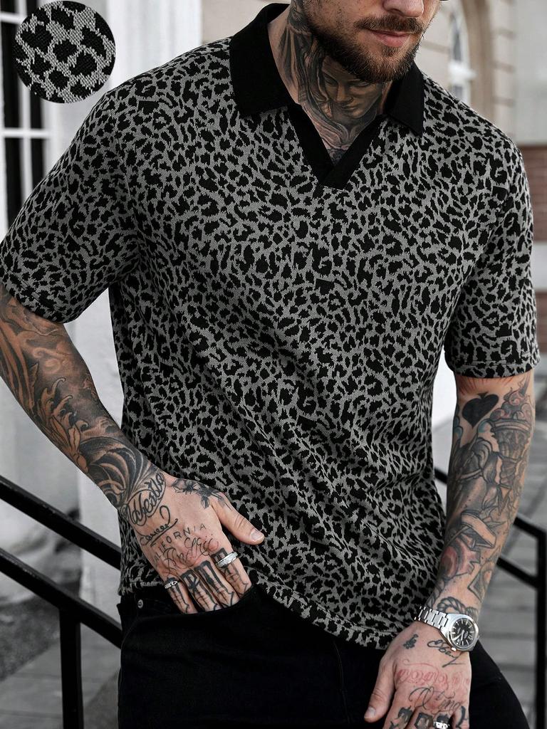 Stylish Leopard Print Short Sleeve Polo Shirt, Trendy Casual Top