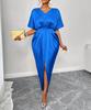 Spot 25 Summer New European and American Women's Clothing, Solid Color Satin V-neck Short-sleeved Waist Slit Dress