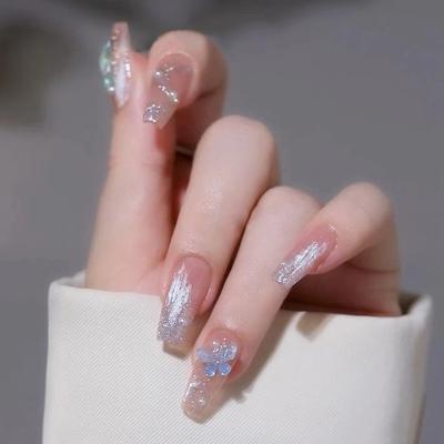 24 Pcs Butterfly Ice Transparent Color Manicure Crystal Broken Diamond Aurora Transparent Blue Diamond Fake Nail Factory Direct Sales Finished Nail