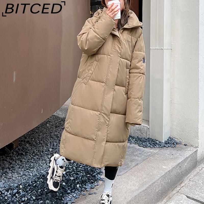 BITCED Long-Length Over-the-Knee Hooded Cotton Coat for Women Winter Oversized Cotton Jacket Thickened Warm Bread-Style Padded Coat