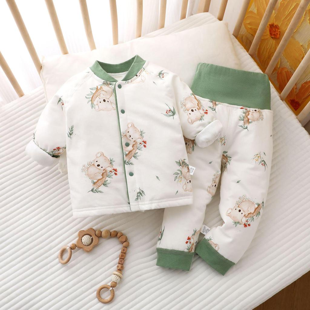 Baby Quilted Warm Set: High-Waist Belly Protection Cotton Pajamas for Autumn/Winter