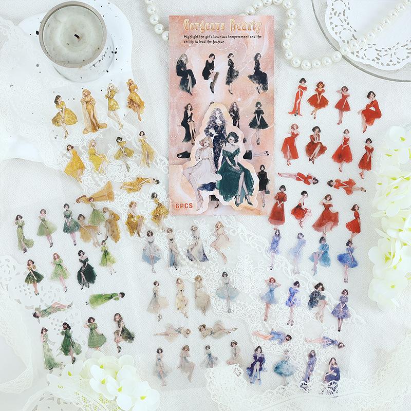 6 pcs Modern cute cartoon waterproof PET pocket sticker Creative stickers children's cute pocket sticker Scrapbooking Material