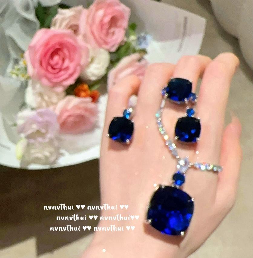 Madagascar Sapphire Necklace, Rich Woman'S Happiness, Plated With 18K Gold, Dai Blue Large Carat Zircon, Earrings.