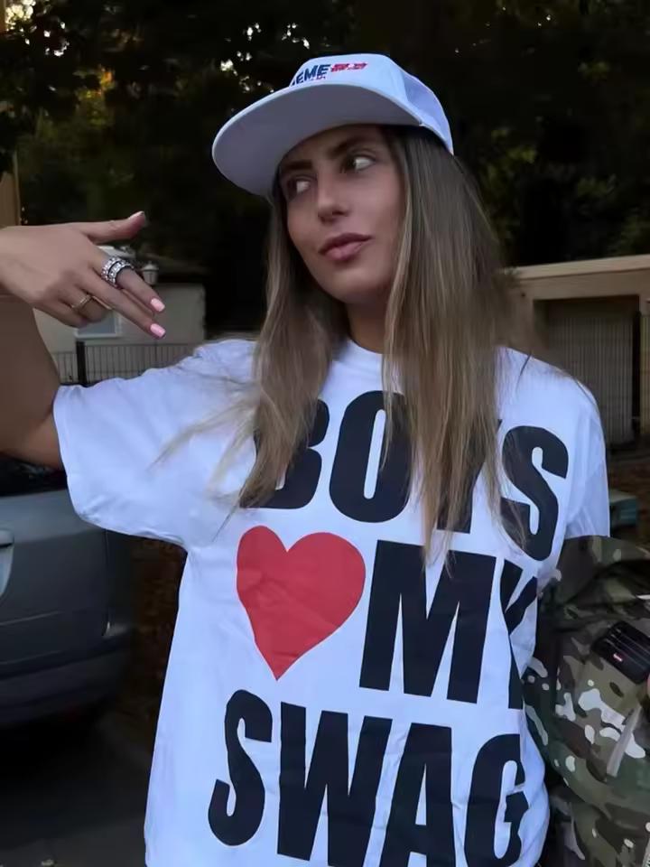 2026 Summer Girls Love My Swag Bold Block Red Heart Front Graphic White Oversized T-Shirt Unisex Hip Hop Street Cotton Tee