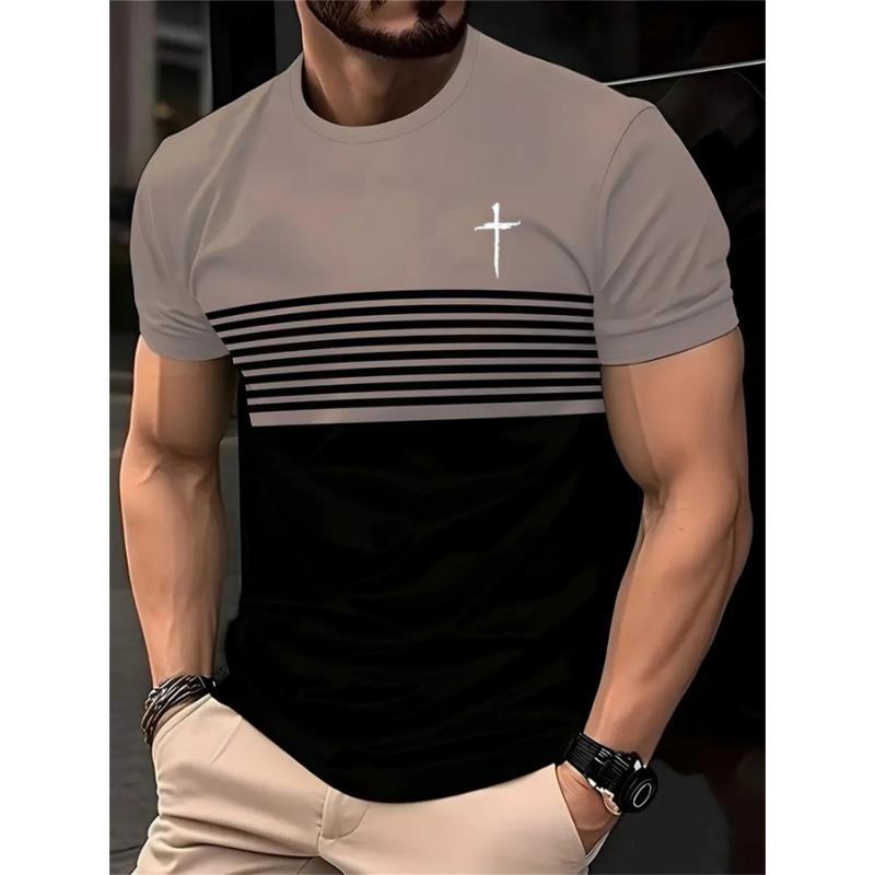 Cross 3D Printed T-shirt, Fashionable Summer Men s Striped T-shirt, Casual Fitness Sports Short Sleeved T-shirt, Loose Casual T-shirt Top S