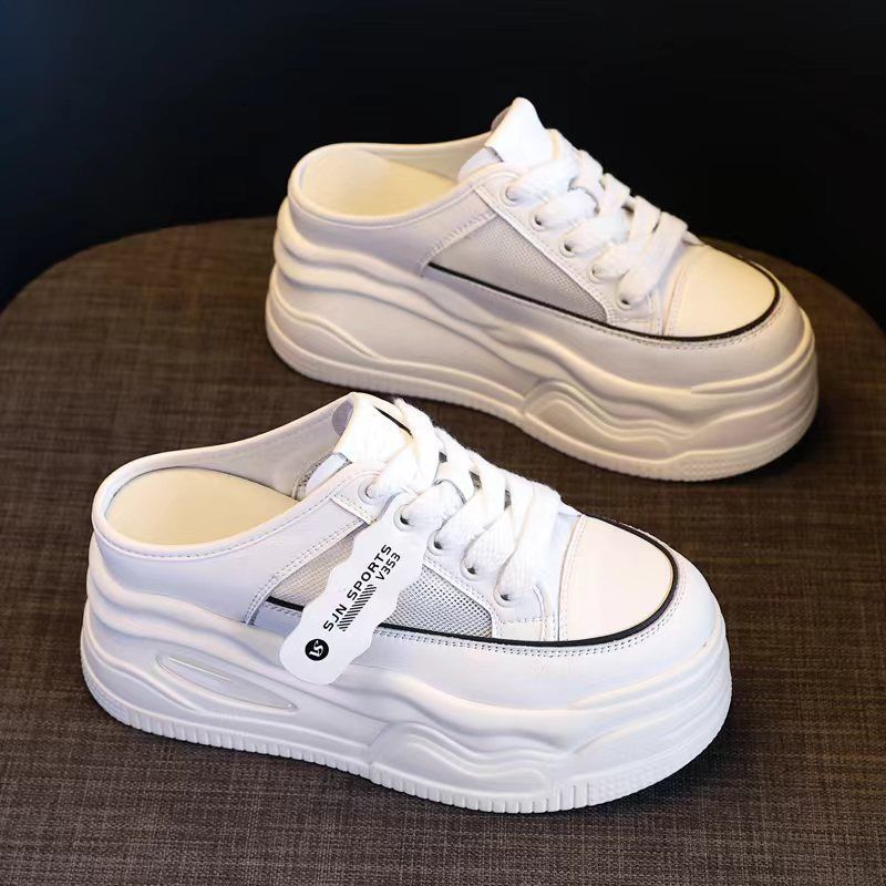 Casual home mesh half slippers women 2025 summer new thick bottom height increase small muffin bottom half slippers women