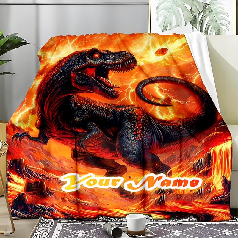 1PC Custom Name "Fiery Dinosaur Adventure" Outdooor Flannel Blankets Patterns Throw Blanket All-Season Soft Gift for Couch, Bed, Camping Gifts