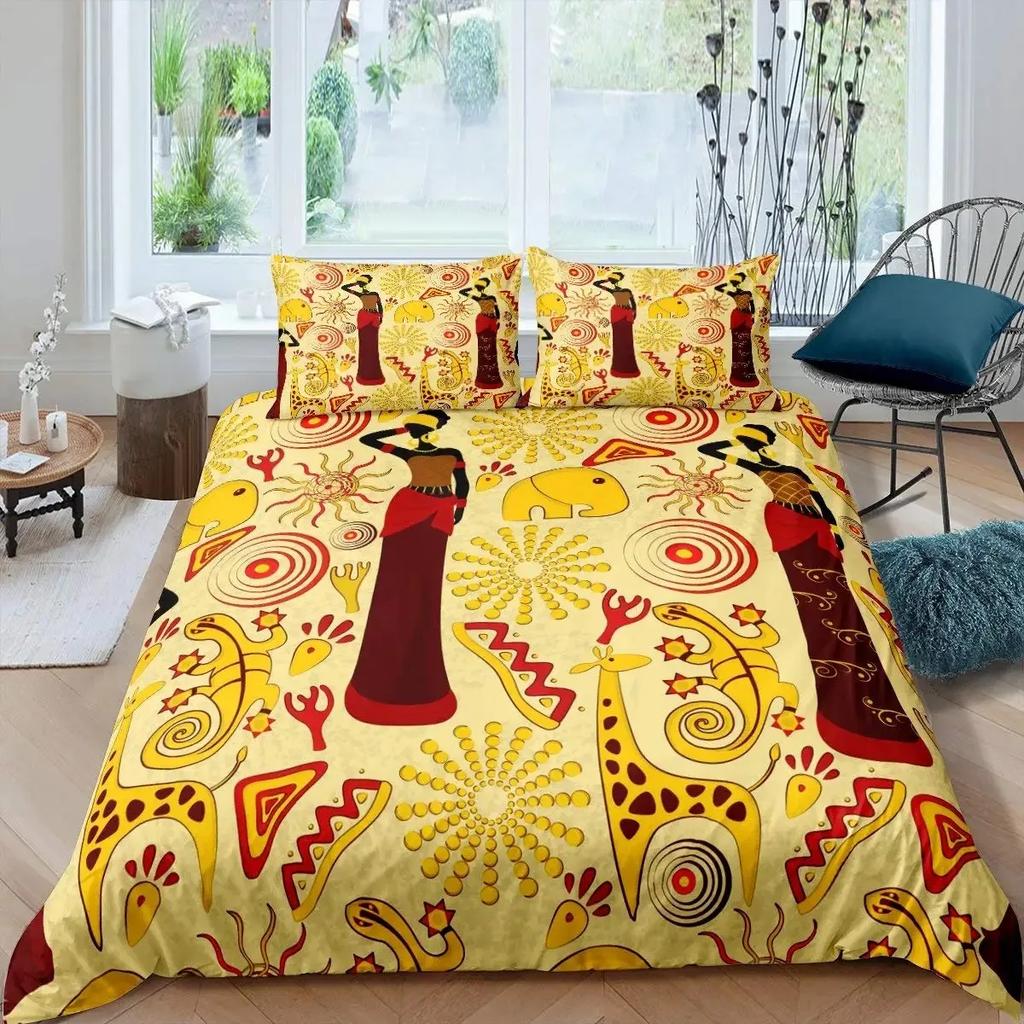 African Woman Duvet Cover Set Ethnic Afro Bedding Set African American Comforter Cover Orange Ancient Desert Bedspread