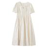 Xiangying Elegant Beige V-neck Puff Sleeve High Waist Midi Dress