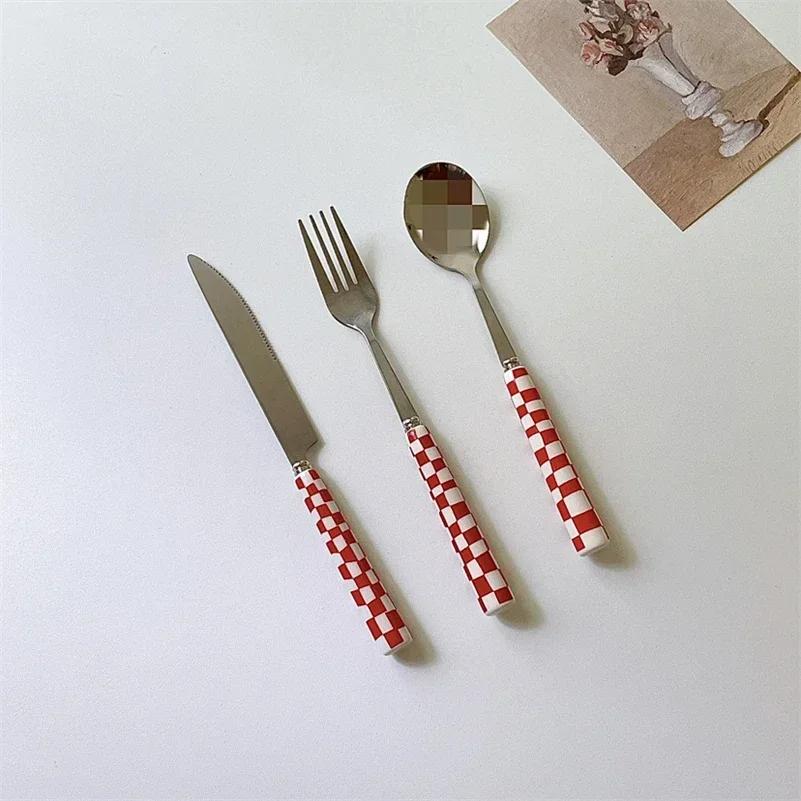 Japanese Korean Checkerboard Knife Fork Spoon Western Dessert Tableware Set Steak Knife Stainless Steel Ceramic Handle Cutlery