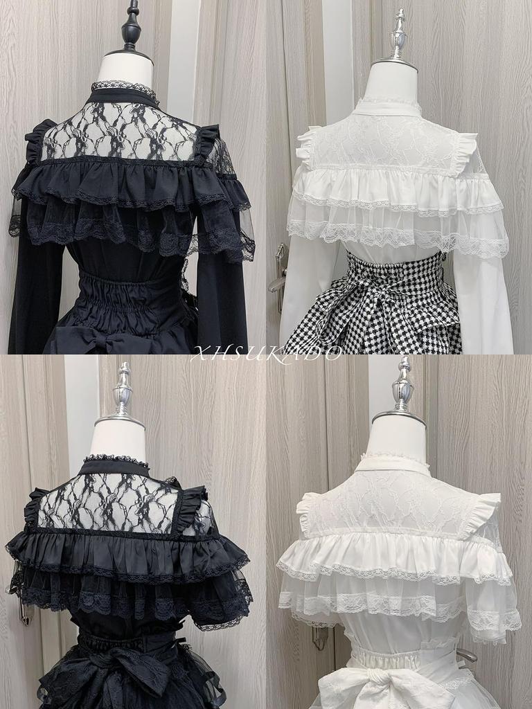 Open landmine lolita girly short XL [XHSUKADO] shoulder, style, blouse, women's, cute, stand-up collar, removable, ribbon, brooch, frills, lace,