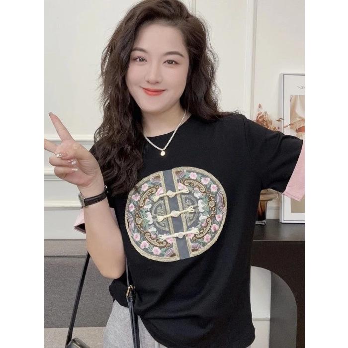 2026 Summer Women s Elegant Embroidered Chinese Style Short Sleeve Round Neck T-shirt Extra Extra Large чёрный