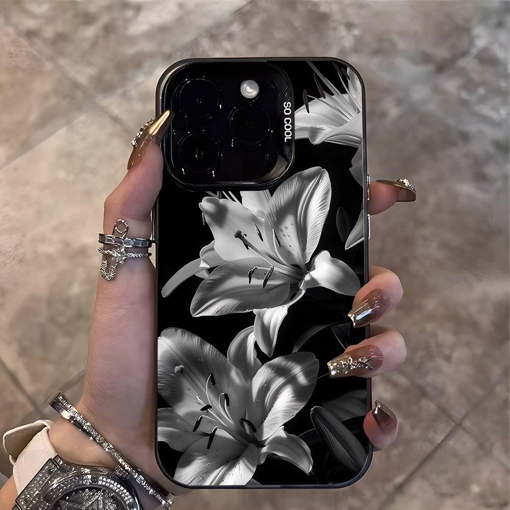 Black and White Lily Flower Pattern Phone Case Suitable for iPhone 17 16 15 14 13 12 11 Pro/Max/Plus Anti Drop and Shockproof