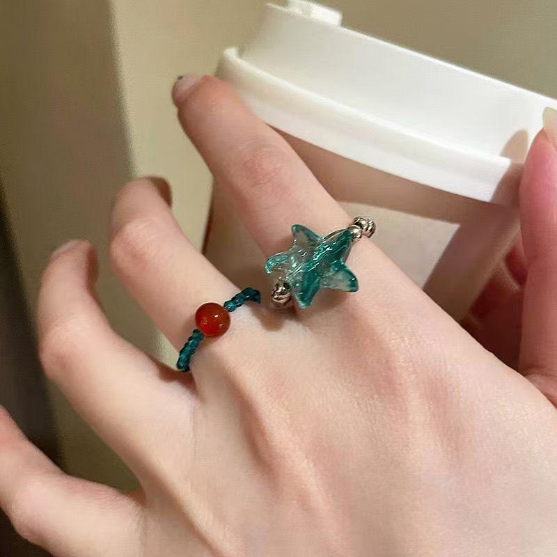 2Pcs/Set Sweet Starfish Blue Zircon Open Rings For Women Girls Ocean Style Simple Star Finger Ring Aesthetic Jewelry Y2K