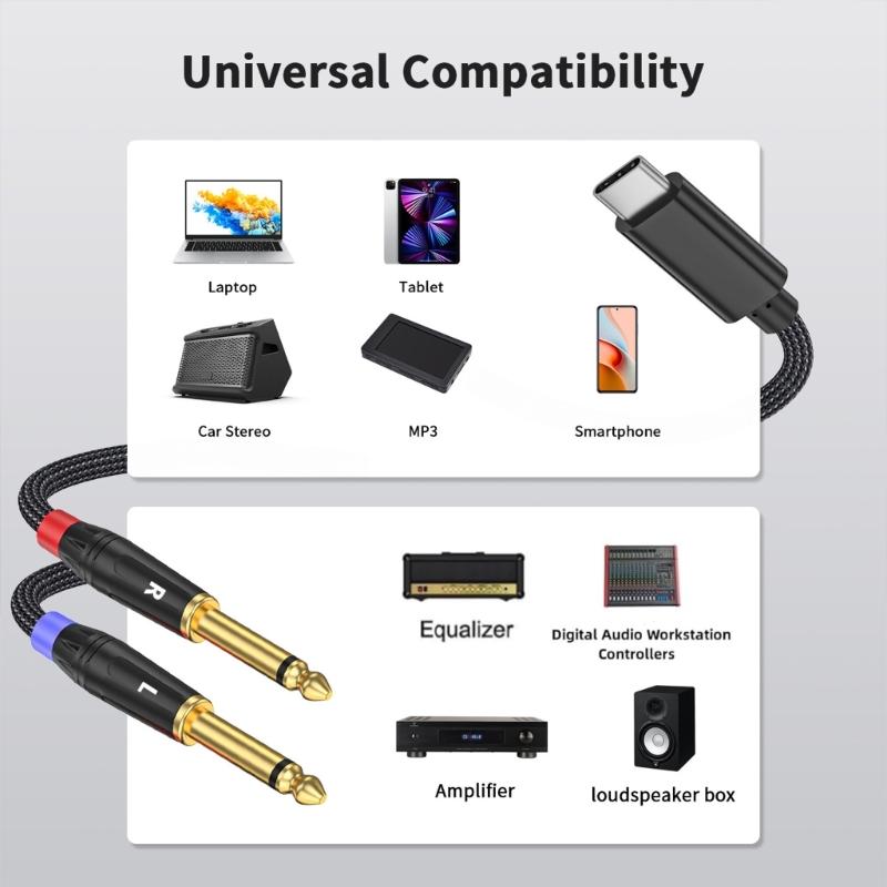 Universal Type C to Double 6.35mm Male Adapter Cable Cord Wire for Smartphones Tablets and Sound Equipment