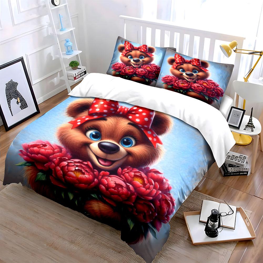 "Floral Teddy theme Gift bedding Set" Exquisite three-piece bedding set gift for kids and adults