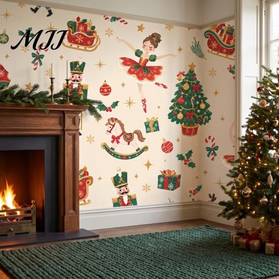 Holiday Party Backdrop Decorations Christmas Nutcracker Self-Adhesive Wall Stickers, Thick PVC Wallpaper with Ballerina, Xmas Tree & Fairy Tale