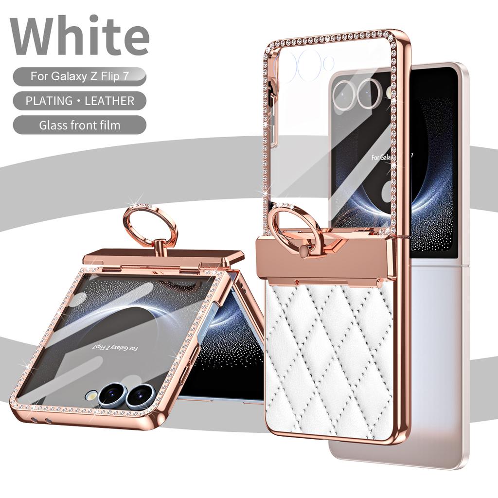 Luxury Flash Diamond Plain Leather For Samsung Galaxy Z Flip 7 Case Fold Hinge Rotating Ring Bracket Cover Optional Mirror Film