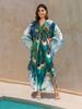 EDOLYNSA 2024 Green Peacock Plume Printed Beach Dress V-neck Side Split Plus Size Kaftan Summer Boho Swimsuit Coverup For Women Cozy House Robe Q1588