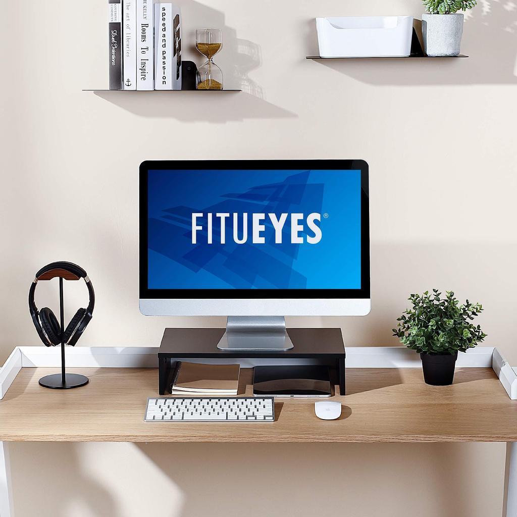 FITUEYES Wooden Desktop Monitor 425mm Desktop Computer DT104201WB Stand, Stand, Wide, Storage, Stand, Black,