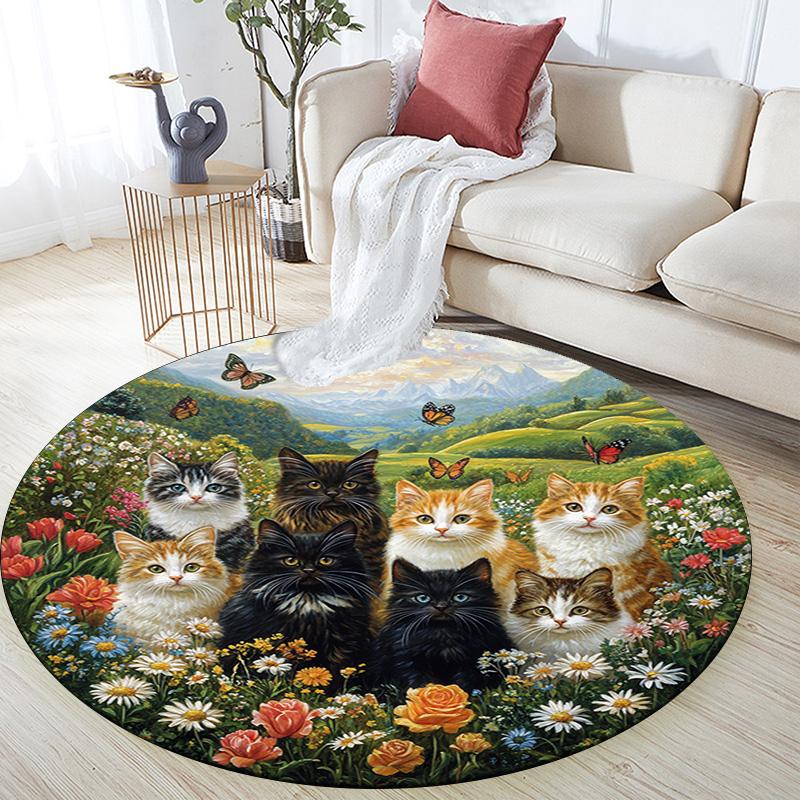 Cats In a Garden Round Area Rug,Carpet Rug for Living Room Bedroom Sofa Playroom Decor,Non-slip Floor Mat