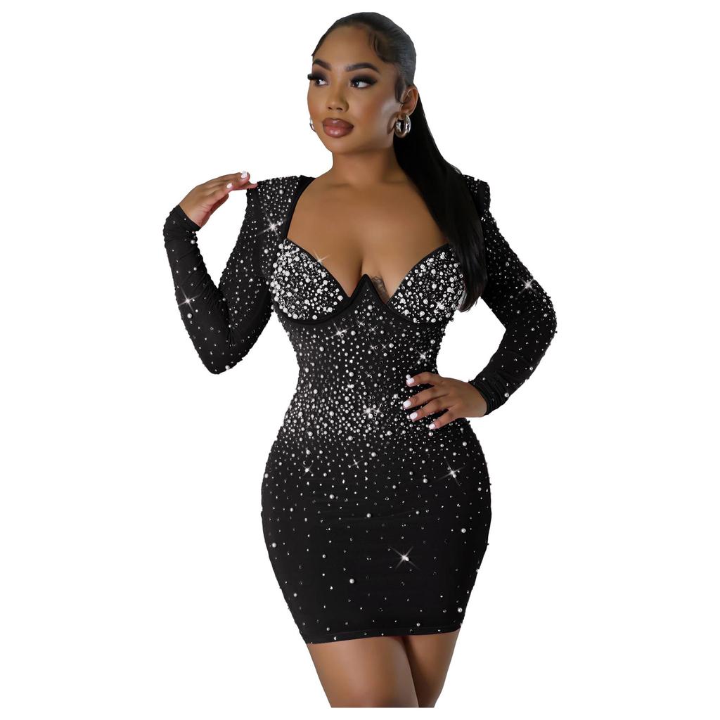 Rochie elegantă, slim fit, cu mânecă lungă și imprimeu de diamante K2926
