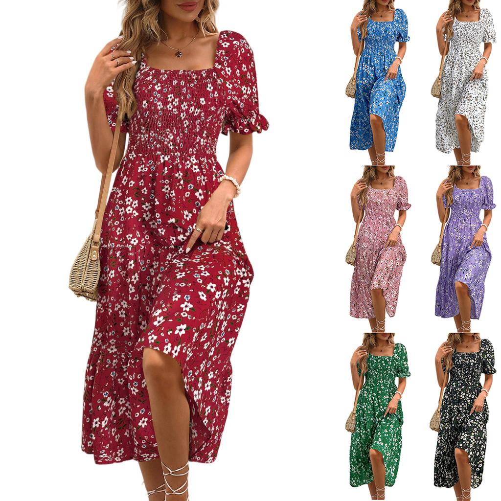 Women Square Neck Smocked Waist Layered Floral Dress with Ruffle Sleeves and Midi Length for Casual and Daily Wear
