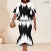 Women Plus Size Two Piece Outfit Round Neck Batwing Sleeve Geometric Printed Ruffle Hem Top Fishtail Skirt Set