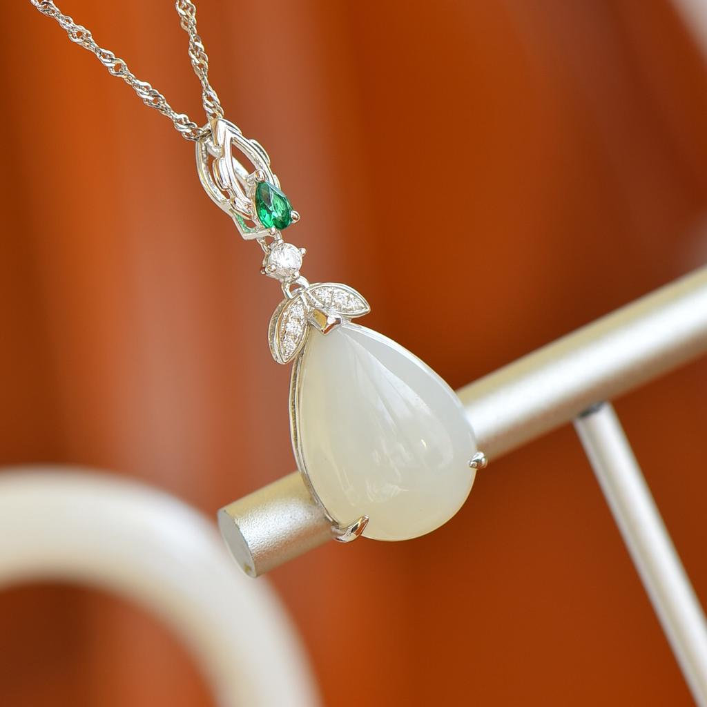 Hotan Jade S925 Silver Water Drop Pendant Necklace for Women