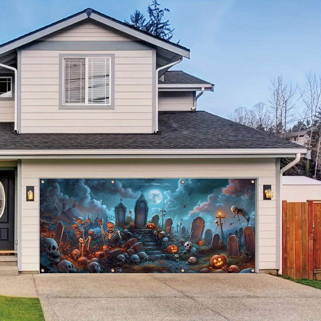 Spooky Halloween Garage Banner - Vibrant Skull & Pumpkin Design with Tombstone, Durable Polyester Outdoor Decor