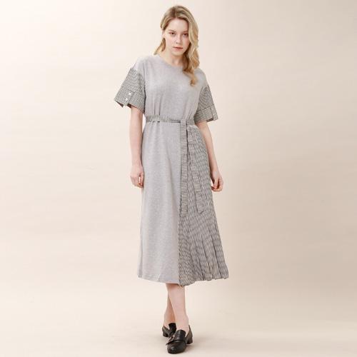 Bunderghost Striped Color Block Asymmetrical Short Sleeve Long Dress (Gray)