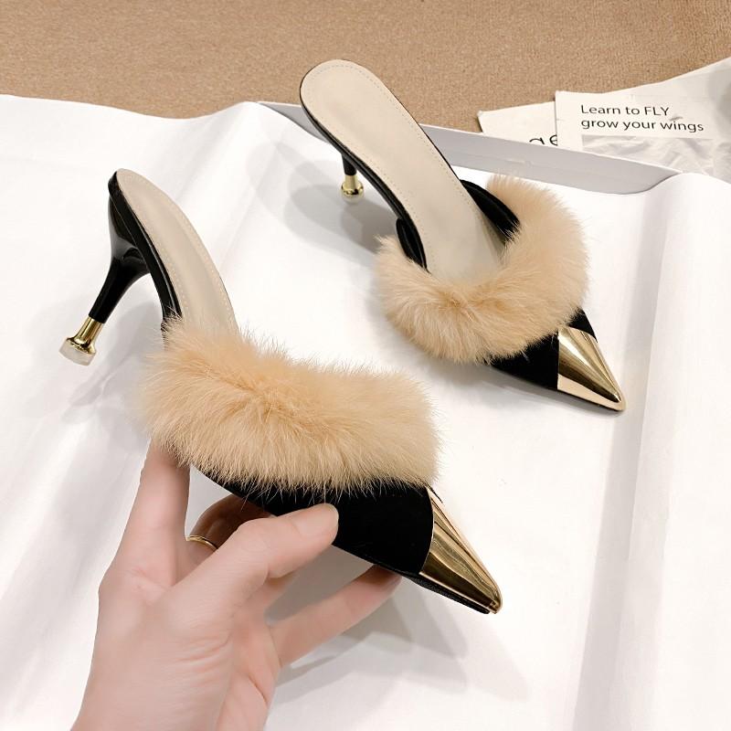 Fashion Women's High Heel Slip-On Oes 2025 New Sle Outdoor Wear Versatile Pointed Toe Thin Heel Headed Mule F Slippers