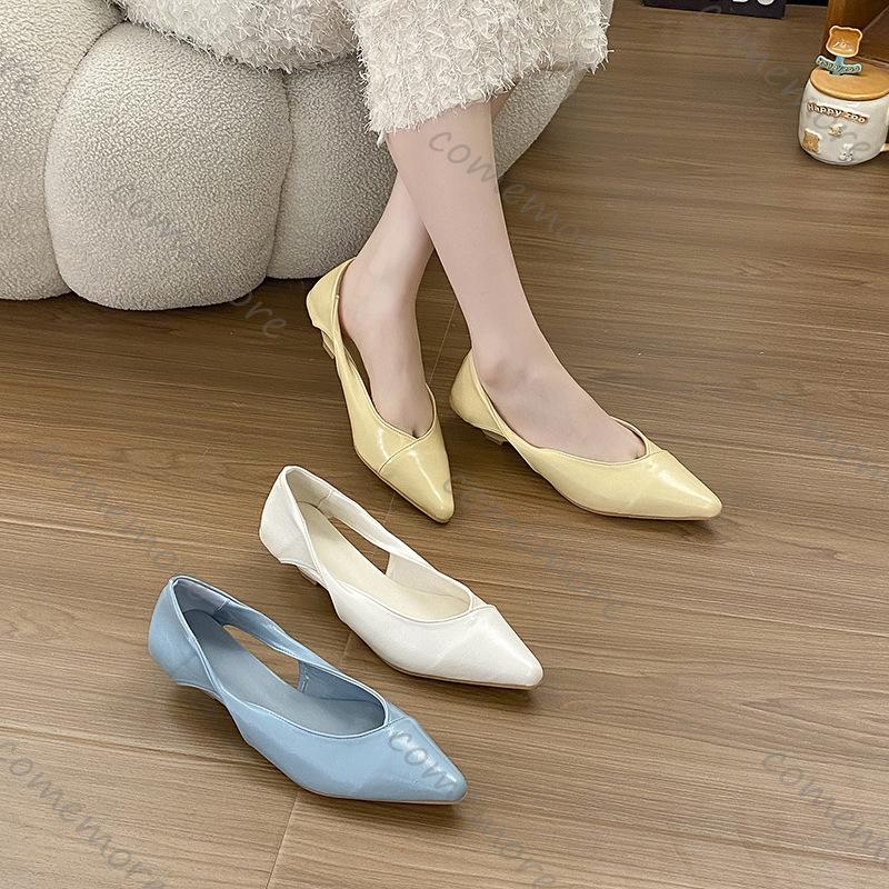 Comemore Shoes for Women Spring Autumn Low Heels Single Shoe Casual Solid Color Slip on Pumps Soft Leather Cat Heel Women's Shoe