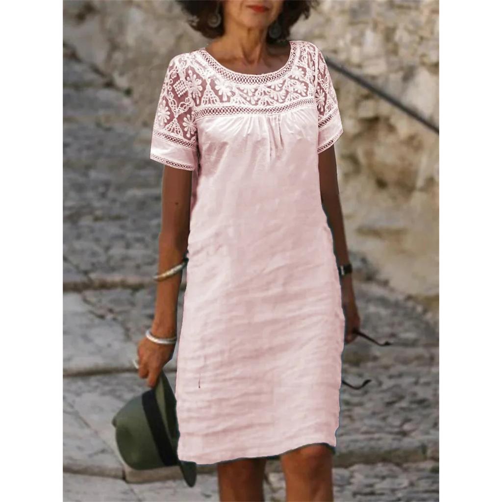 Women Lace Blouse Loose Dress Summer Female O-Neck Short Sleeve Lace  Cotton Linen Mini Party Dresses