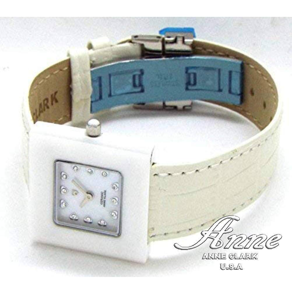 Relógio ANNE CLARK com Mostrador de Madrepérola Branca Natural de Safira Cerâmica e Pulseira de Couro Genuíno Caixa Feminina, Cristal,