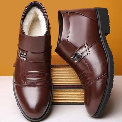 Men Winter Fur Lined Business Shoes Slip On Loafers for Man Cowhide Leather Wool Lining Keep Warm Shoes