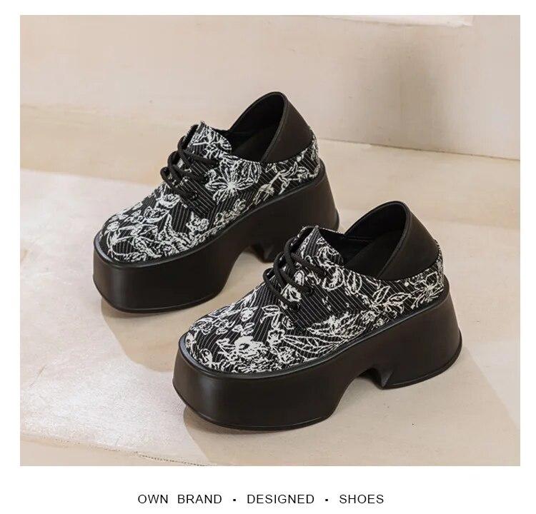 Fujin 11cm Denim Print Cloth Platform Wedge Shoes Chunky Sneaker Comfy High Brand Spring Autumn Casual Synthetic Leather Shoes