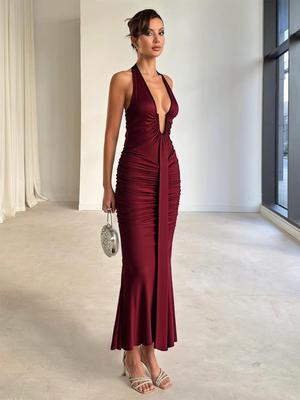 2025 Europees Resort Sexy Halter Backless V-hals Bodycon Jurk