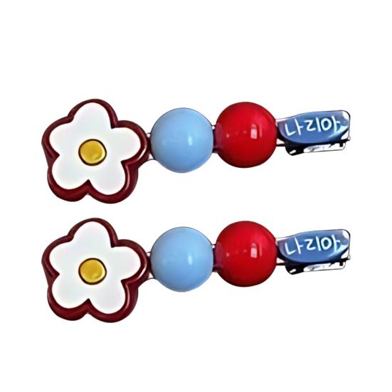 

2Pcs Girl Hairpin Non-Slip Floral Design Hand-Painted Flowers Round Beads Side Bang Hair Clips Commuting Style Hair Accessories A
