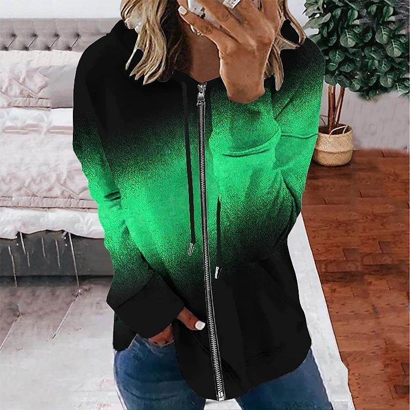 Winter Gradient Printed Hooded Sweatshirt Sportwear Coat for Women Zipper Down 3D Pocket Hoodies Autumn Women's Clothing