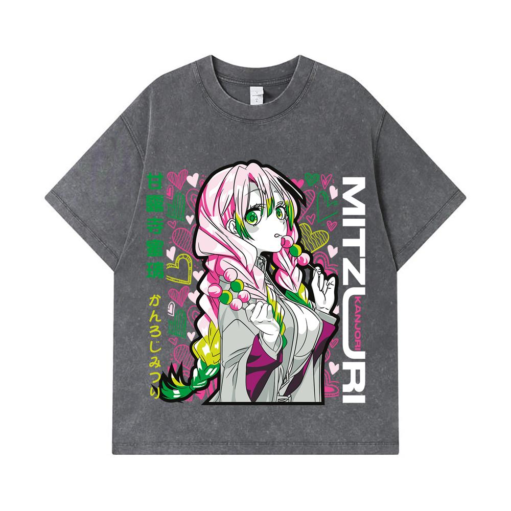275 GSM Washed T-shirts 100% Cotton Demon Slayer V102 Mitsuri Print Unisex Heavy Cotton T Shirt