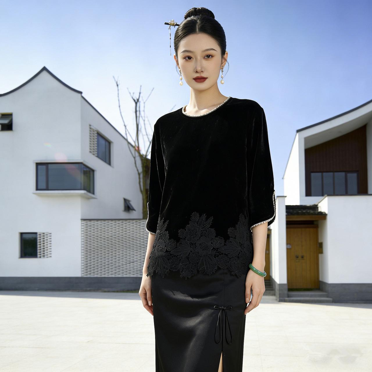 

Velvet Lace Patchwork Women s Elegant Long-Sleeve Shirt with Chinese Style Drape and Round Neck XL (90-105 jin) чёрный