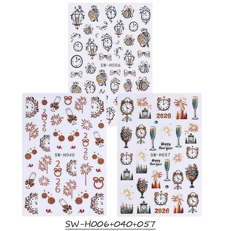 2/3pcs Glitter Christmas Nail Stickers Gold Fireworks Champagne Clock Design Bow New Year Nail Decals Manicure Decor Slider