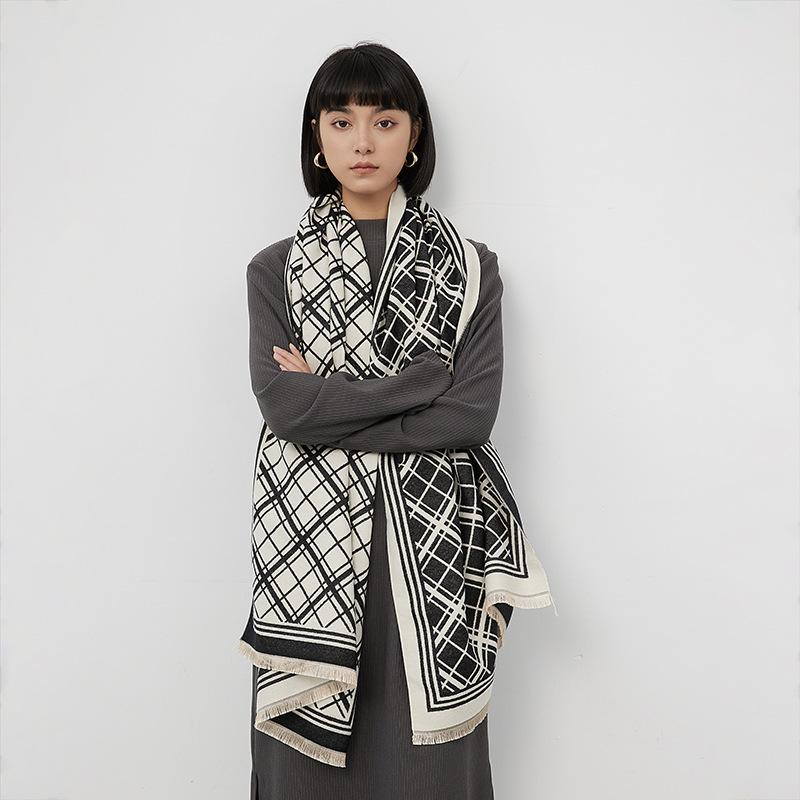 British Style Sub-Fashion Big-Name Scarf Imitation Cashmere Thickened Double-Sided Color Matching Scarf Fringed Foreign Style Women'S Shawl