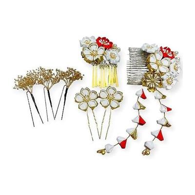 White Gold Tsumami Zaiku Hair Ornaments with Gold Baby's Breath Dried Flowers for Japanese Traditional Attire, Coming-of-Age Ceremonies,