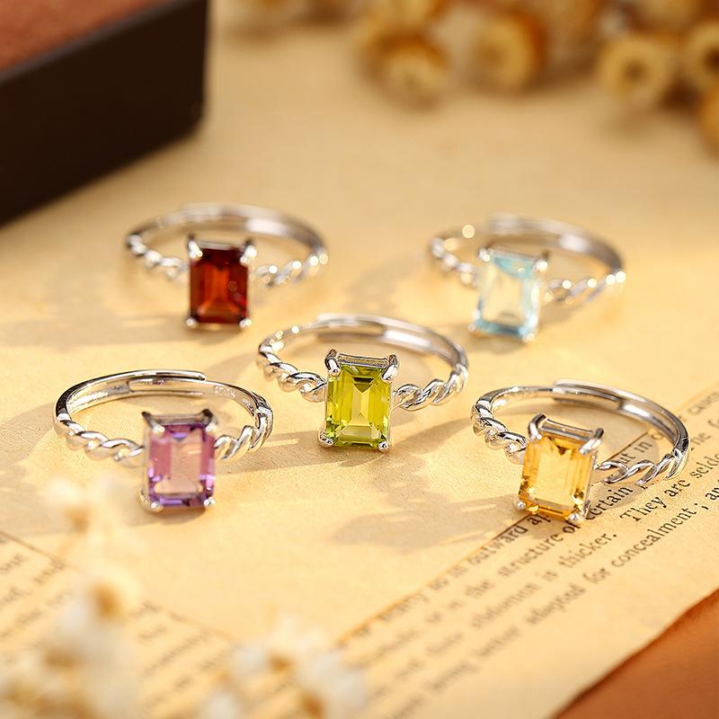 Popular S925 Whole Body Sterling Silver Natural Amethyst Citrine Topaz Colored Treasure Ring Women