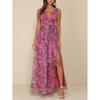 Purple pink smudged floral deep, sleeveless split yarn dress wedding vacation atmosphere dress dress